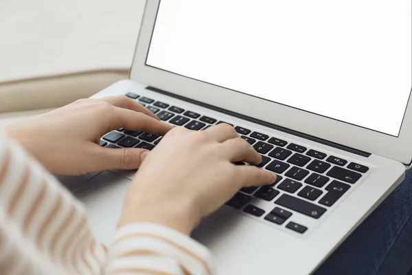 Woman Working Modern Laptop Home Closeup — Stock Photo, Image
