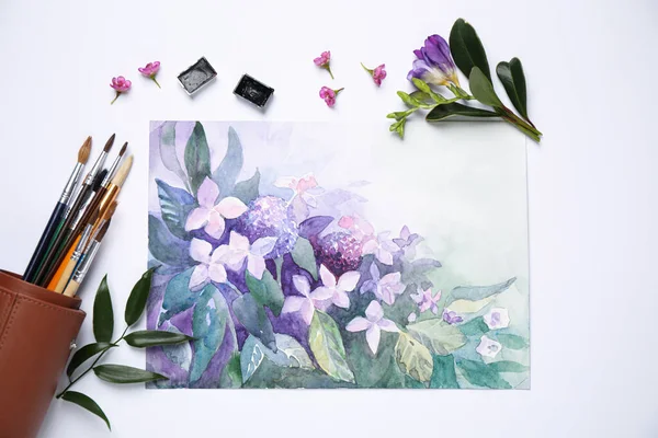 Platt Låg Sammansättning Med Akvarell Färger Och Blommig Bild Vit — Stockfoto