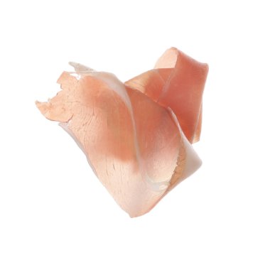 Lezzetli prosciutto dilimi beyaza izole edilmiş.