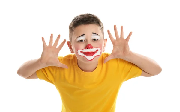 Ragazzo Preadolescente Con Trucco Clown Sfondo Bianco Giorno Dello Sciocco — Foto Stock