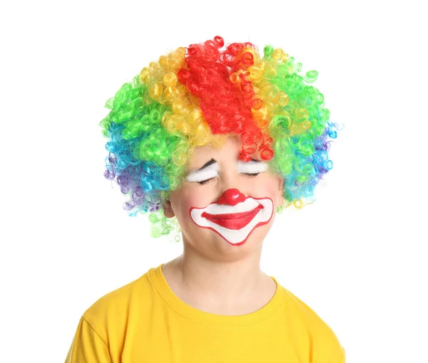 Ragazzo Preadolescente Con Trucco Clown Parrucca Sfondo Bianco Giorno Dello — Foto Stock