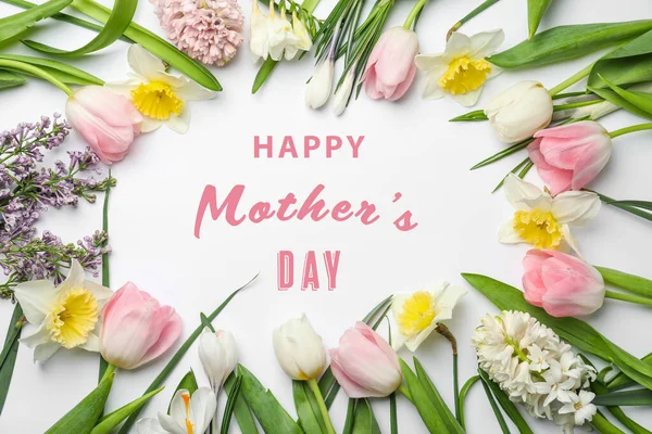 Frame Made Beautiful Spring Flowers Phrase Happy Mother Day White — Stock Photo, Image