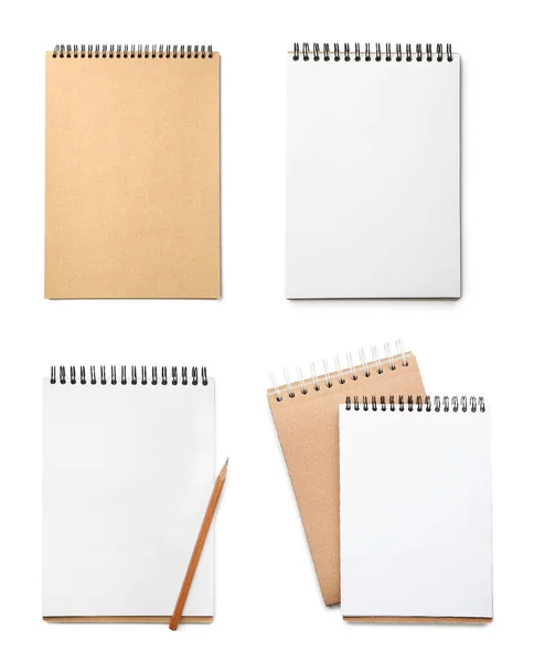 Conjunto Diferentes Cuadernos Sobre Fondo Blanco Vista Superior — Foto de Stock