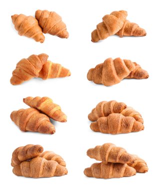 Beyaz arka planda taze kruvasan seti. Fransız pastası.