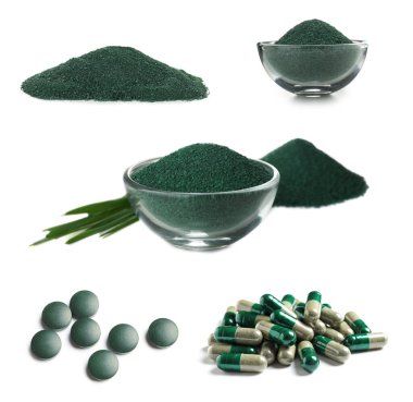 Beyaz arka planda spirulina yosunları ve haplar var.