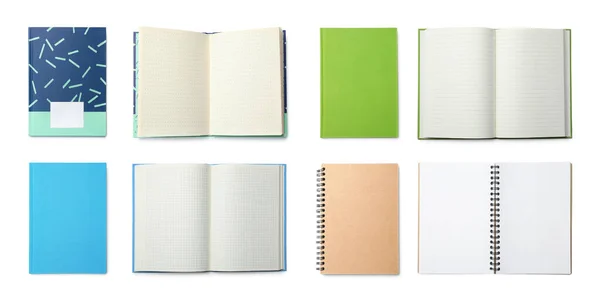 Zestaw Różnych Notebooków Białym Tle Widok Góry Projekt Banera — Zdjęcie stockowe