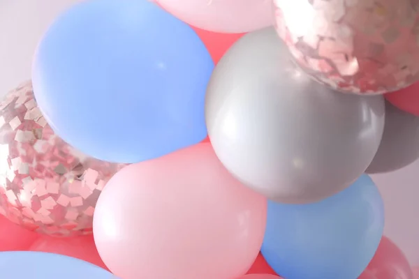 Vackra Färgglada Ballonger Ljus Bakgrund Närbild Partyinredning — Stockfoto