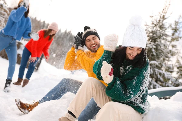 Dışarıda Kartopu Oynayan Bir Grup Arkadaş Kış Tatili — Stok fotoğraf