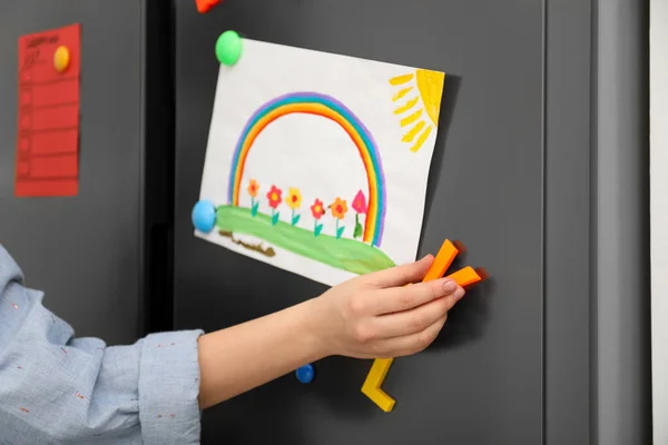 Woman Putting Child Drawing Refrigerator Door Closeup — Stock Photo, Image