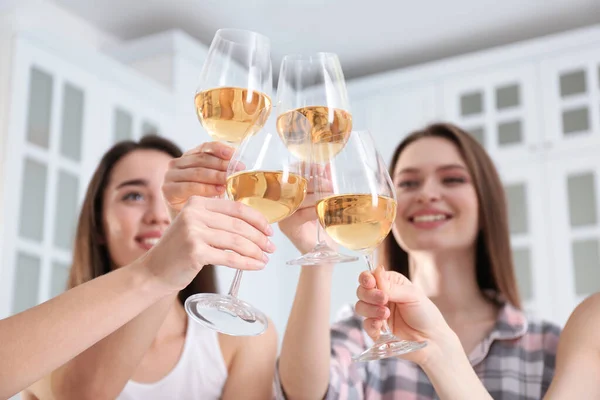 Beautiful Young Ladies Toasting Home Focus Hands Glasses Woman Day — Stock Photo, Image