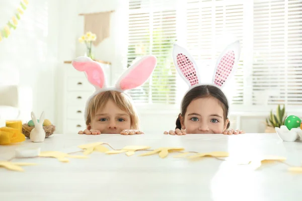 Cute Children Wearing Bunny Ears Headbands Table Easter Eggs Indoors — Stock Photo, Image