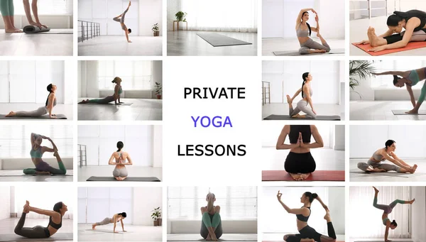 Collage Femmes Pratiquant Différentes Poses Texte Cours Yoga Privé — Photo