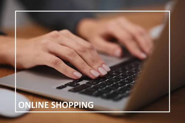 Donna Che Utilizza Computer Portatile Moderno Shopping Online Durante Quarantena — Foto Stock