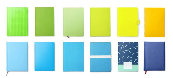 Conjunto Diferentes Cuadernos Sobre Fondo Blanco Vista Superior Diseño Banner — Foto de Stock
