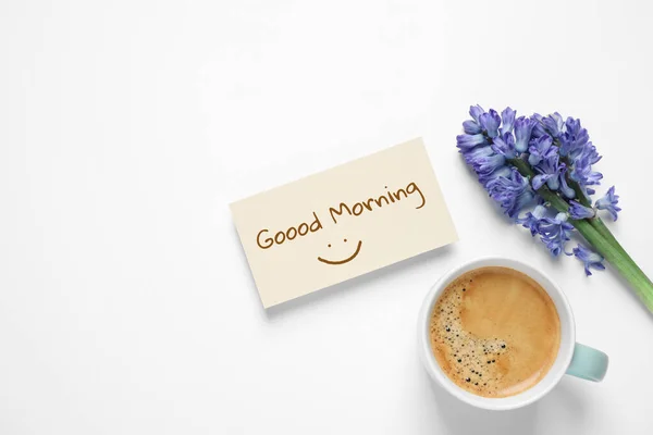 Karta Życzeniem Good Morning Kawa Hiacynt Kwiaty Białym Tle Widok — Zdjęcie stockowe