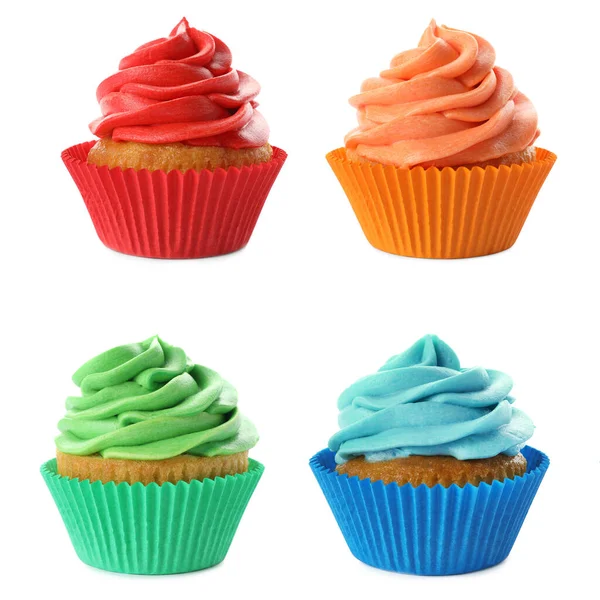 Set Delicious Birthday Cupcakes White Background — Stock Photo, Image