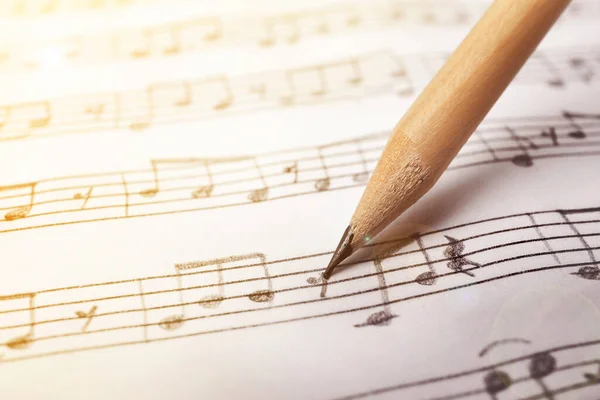 Hoja Con Notas Musicales Lápiz Como Fondo Primer Plano — Foto de Stock