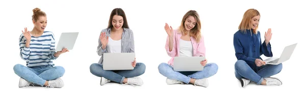 Kolaż Kobiet Laptopami Białym Tle Projekt Banera — Zdjęcie stockowe