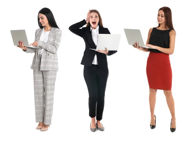 Collage Von Frauen Mit Laptops Auf Weißem Hintergrund — Stockfoto