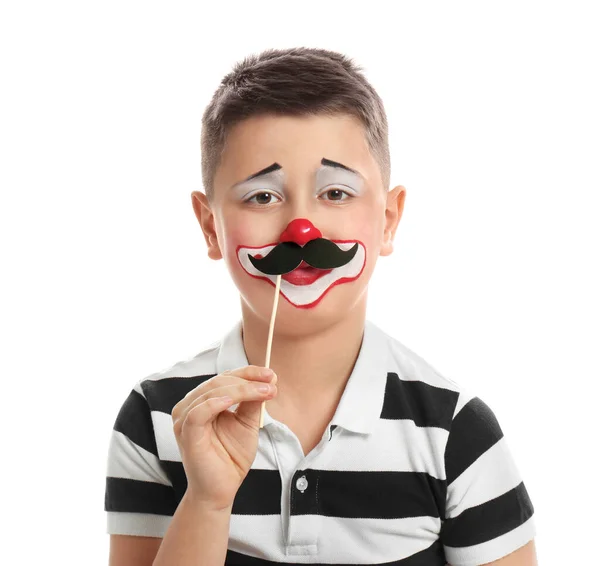 Niño Preadolescente Con Maquillaje Payaso Bigote Falso Sobre Fondo Blanco — Foto de Stock