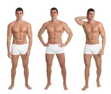 Beyaz arka planda seksi vücutlu erkek kolajı