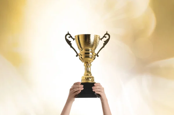 Woman Holding Gold Trophy Cup Color Background Closeup — Stock Photo, Image