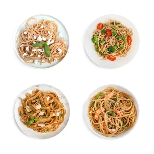 Set Buckwheat Noodles Different Ingredients White Background Top View — Stock Photo, Image