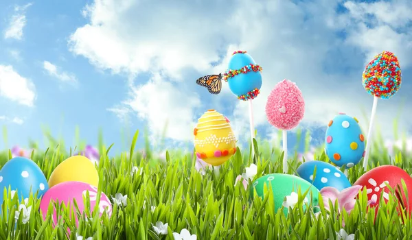 Bright Easter Eggs Cake Pops Green Grass Blue Sky Space — Stock Photo, Image