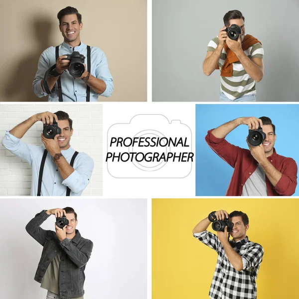 Collage Hombre Guapo Con Cámara Texto Fotógrafo Profesional — Foto de Stock