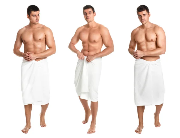 Collage Hombre Con Cuerpo Sexy Sobre Fondo Blanco — Foto de Stock