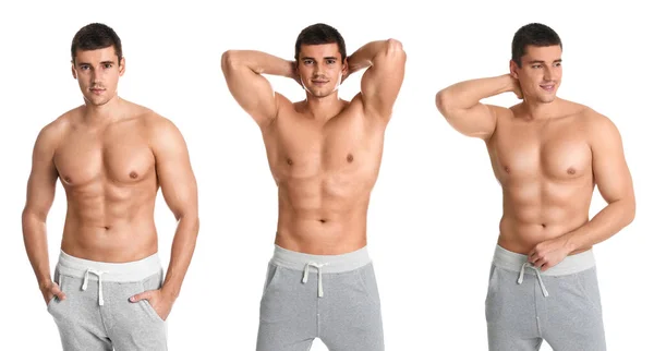 Collage Hombre Con Cuerpo Sexy Sobre Fondo Blanco — Foto de Stock