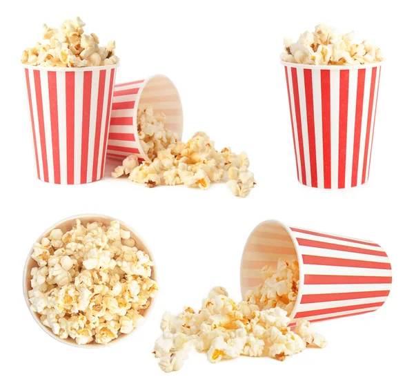 Set Mit Eimern Mit Leckerem Popcorn Auf Weißem Hintergrund — Stockfoto