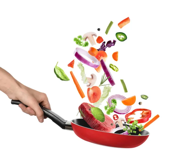 Woman Holding Nonstick Frying Pan Falling Beef Slice Vegetables White — Stock Photo, Image