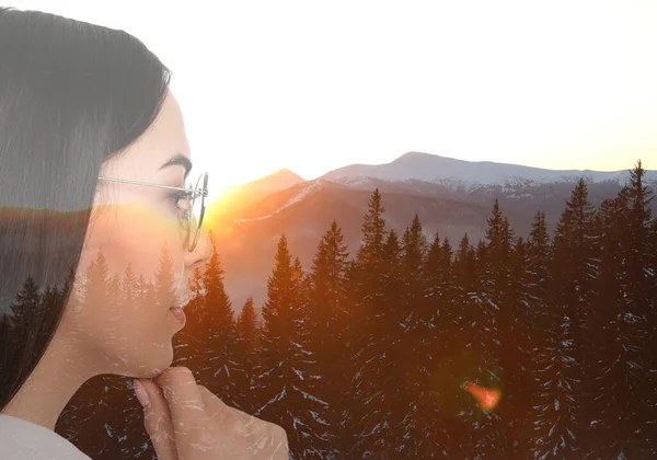 Picturesque mountain landscape and beautiful woman. Double exposure
