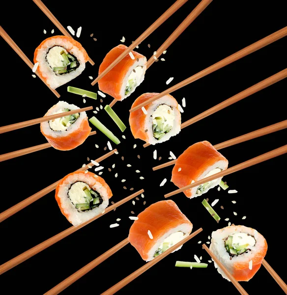 Colagem Rolos Sushi Filadélfia Fundo Preto — Fotografia de Stock