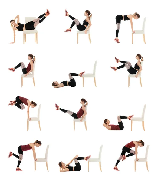 Collage of young woman exercising with chair on white background. Home fitness
