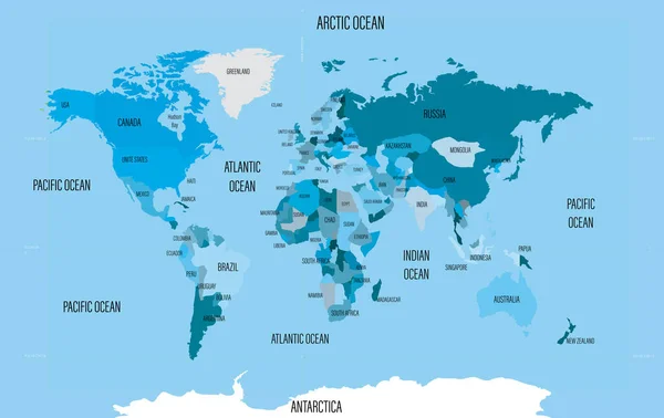 Mapa Świata Nazwami Krajów Oceanów Koncepcja Biura Podróży — Zdjęcie stockowe