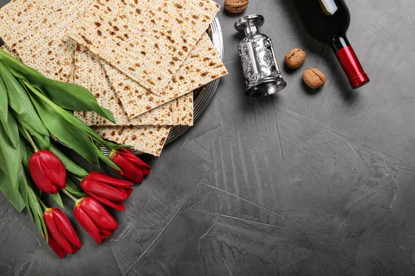 Flat Lay Composition Matzos Dark Background Space Text Passover Pesach — Stock Photo, Image