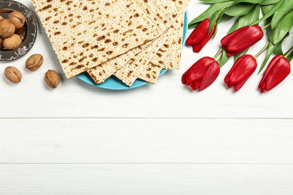 Flat Lay Composition Matzos White Wooden Background Space Text Passover — Stock Photo, Image