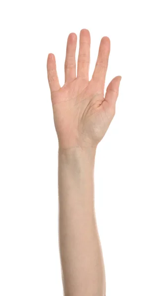 Young Woman Showing Hand White Background Closeup — Stock Photo, Image