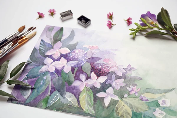 Vacker Blommig Bild Borstar Och Akvarellfärger Vit Bakgrund — Stockfoto