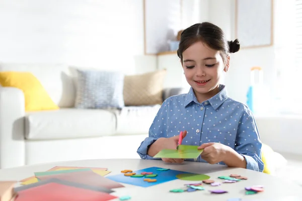 Little Girl Making Greeting Card Table Indoors Space Text Creative — Stock Photo, Image