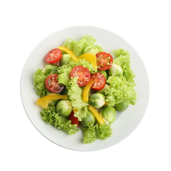 Salade Fraîche Savoureuse Aux Choux Bruxelles Isolés Sur Blanc Vue — Photo