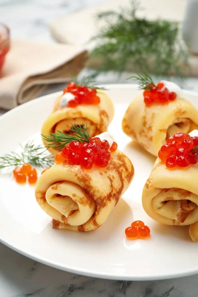 Delicious Thin Pancakes Red Caviar White Marble Table Closeup — Stock Photo, Image