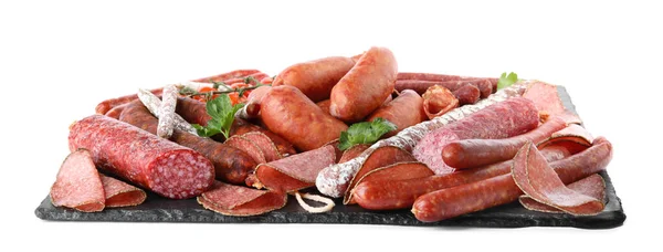 Slate Plate Different Tasty Sausages Isolated White — Stock Photo, Image