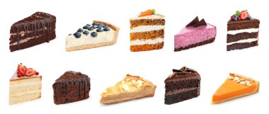 Beyaza izole edilmiş farklı pasta parçaları ile ayarlanmış. Pankart tasarımı