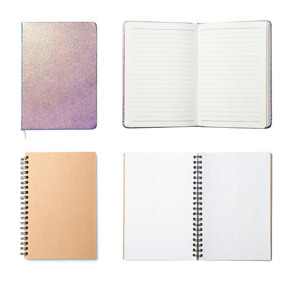 Set of different notebooks on white background, top view