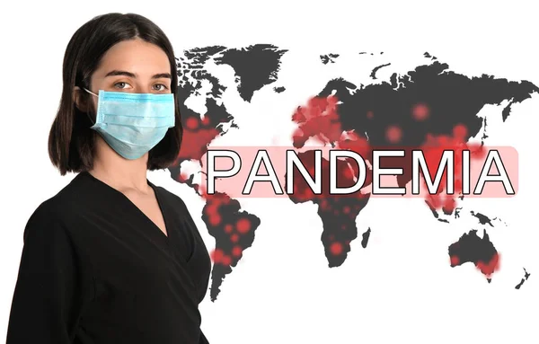 Γυναίκα Ιατρική Μάσκα Και Παγκόσμιο Χάρτη Που Δείχνει Την Εξάπλωση — Φωτογραφία Αρχείου
