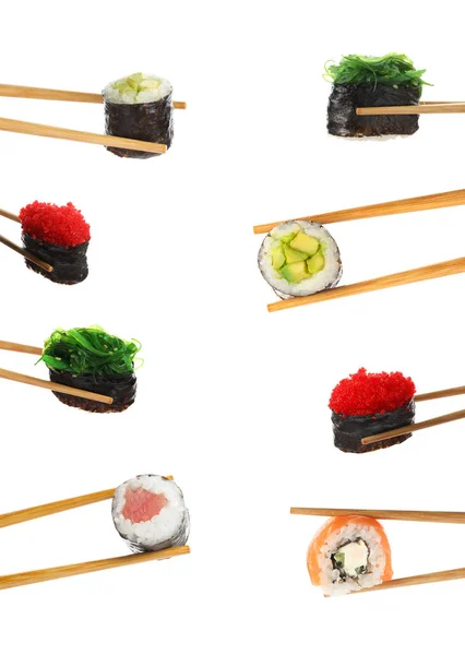 Sada Různých Lahodné Sushi Role Bílém Pozadí — Stock fotografie