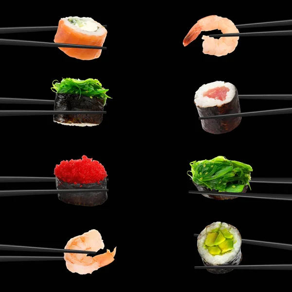Koláž Různých Sushi Rohlíky Krevety Černém Pozadí — Stock fotografie